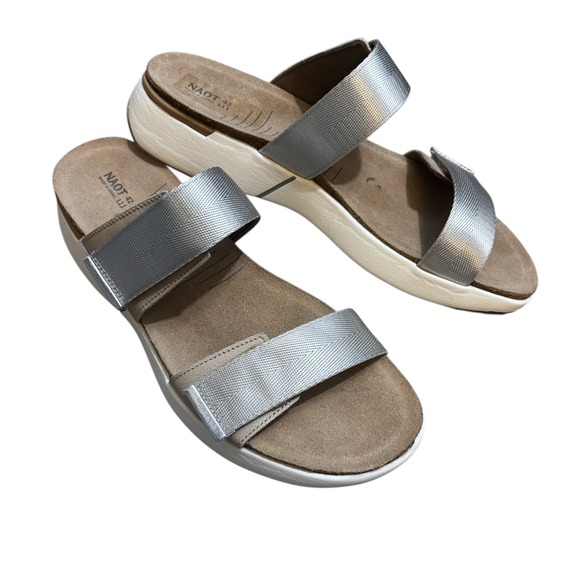 Naot Shoes - Naot Sandals Womens 11 Calliope Slide Double Strap Silver Metallic Wedge 42 Cork